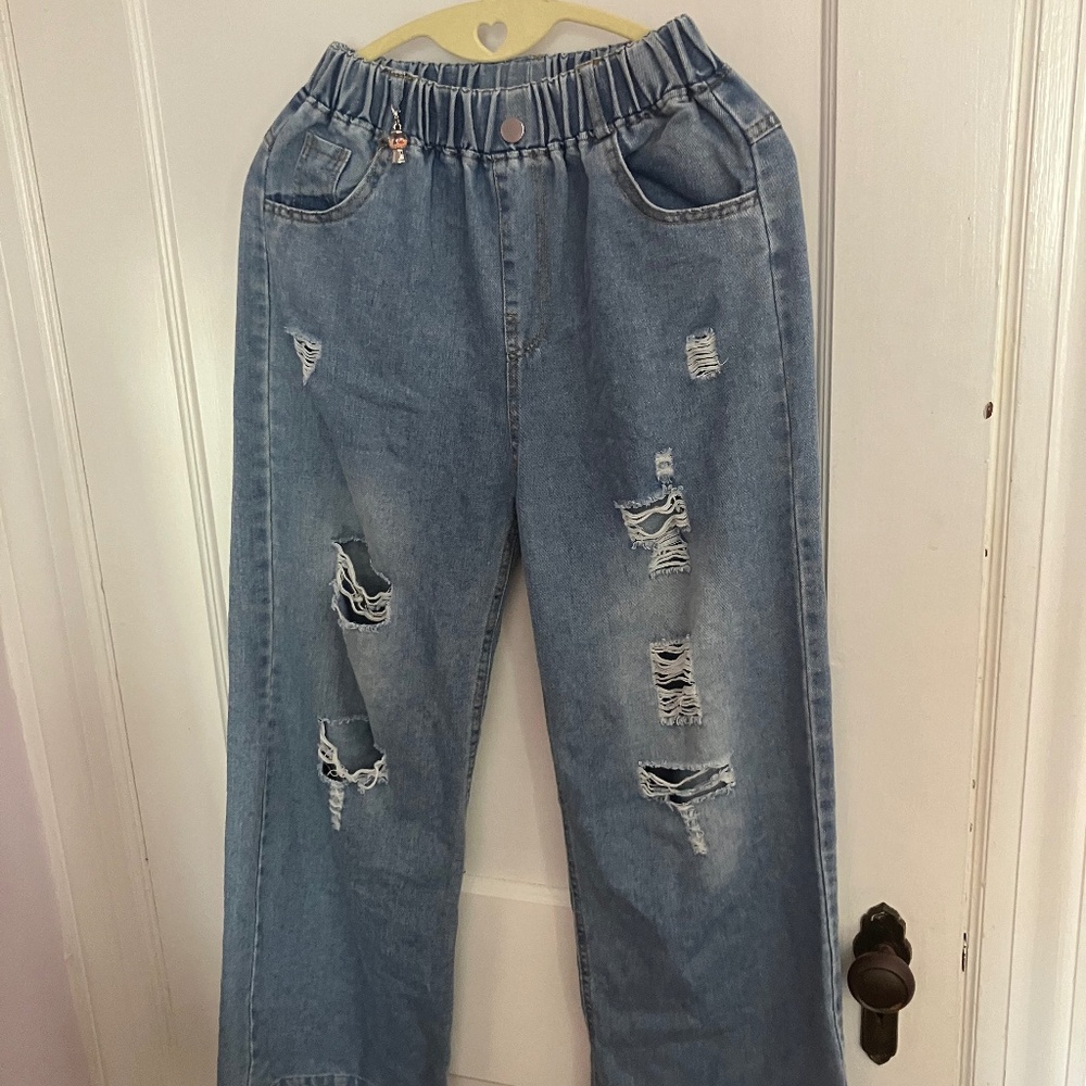 Jeans wide-leg, high waist, distressed with holes